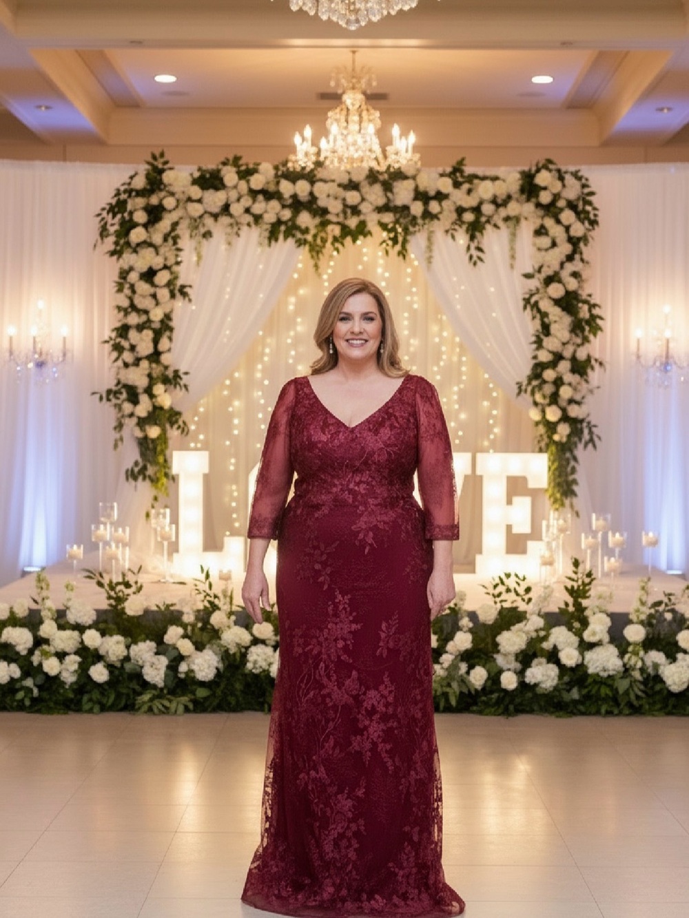 Elegant Burgundy Lace Evening Gown